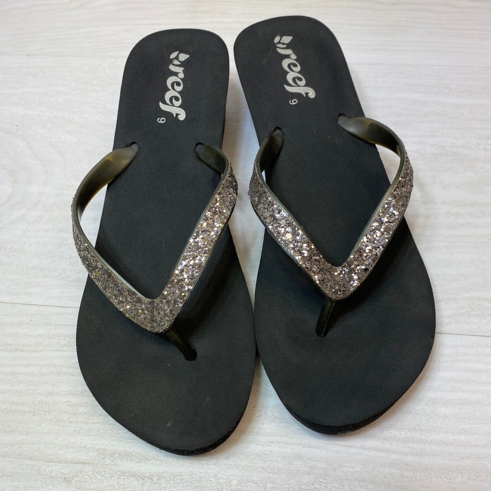 Reef Womens 9 Flip Flops Wedge Platform Black Glitter Foam Sparkle Sandals Beach